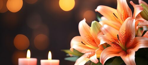 Funeral. Beautiful lilies and burning candle on light blurred background, bokeh effect